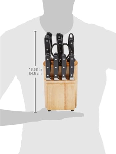 Amazon Basics 9 Pieces Premium High-Carbon Stainless-Steel Blades with Pine Wood Knife Block Set, Kitchen, Black