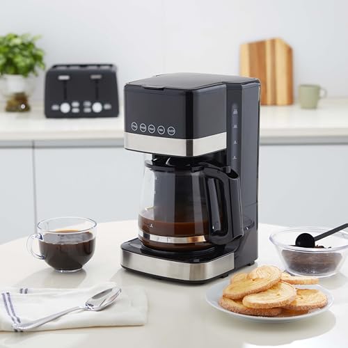 Amazon Basics 12 Cup Drip Coffee Maker, Coffee Machine with Glass Coffee Pot (1.9 Qt), Auto Shut-off, Auto Pause, Removable Filter Basket, Black & Silver