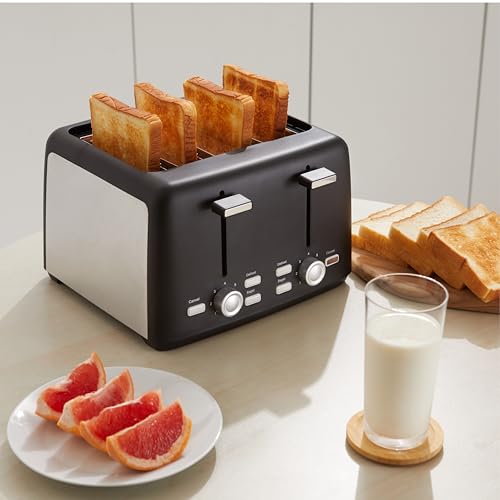 Amazon Basics 2 Slice Toaster, With 6 Browning Settings, Extra Wide Slots For Bagels and Special Breads, Removable Easy-to-Clean Crumb Tray, Cancel/Defrost/Bagel Buttons, 900W, Black & Silver