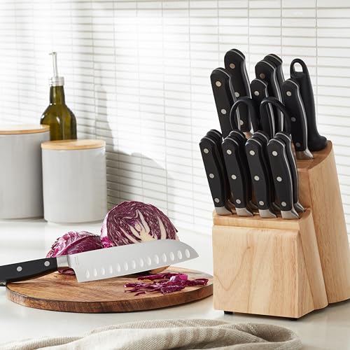 Amazon Basics 9 Pieces Premium High-Carbon Stainless-Steel Blades with Pine Wood Knife Block Set, Kitchen, Black
