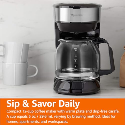 Amazon Basics 12 Cup Drip Coffee Maker, Coffee Machine with Glass Coffee Pot (1.9 Qt), Auto Shut-off, Auto Pause, Removable Filter Basket, Black & Silver