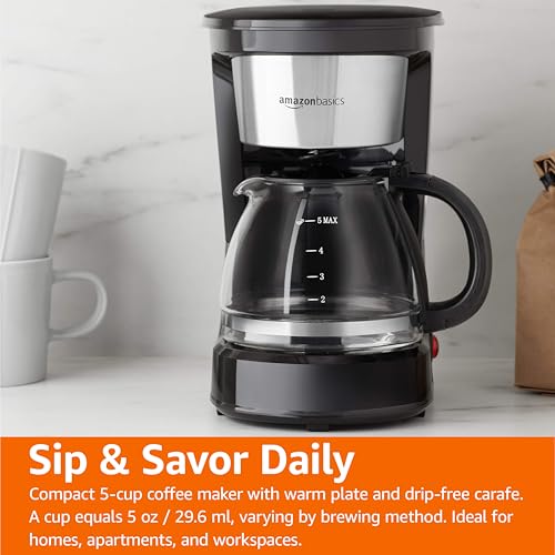 Amazon Basics 12 Cup Drip Coffee Maker, Coffee Machine with Glass Coffee Pot (1.9 Qt), Auto Shut-off, Auto Pause, Removable Filter Basket, Black & Silver