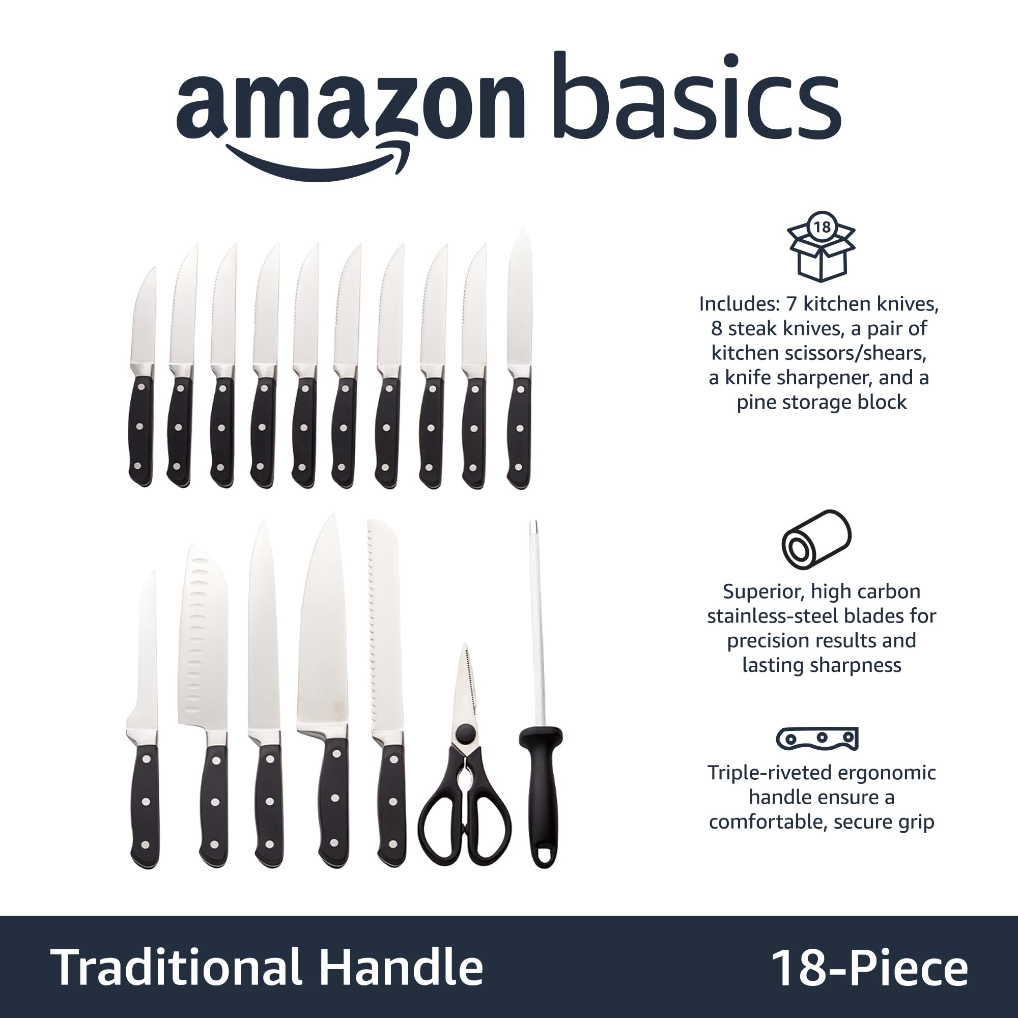 Amazon Basics 9 Pieces Premium High-Carbon Stainless-Steel Blades with Pine Wood Knife Block Set, Kitchen, Black