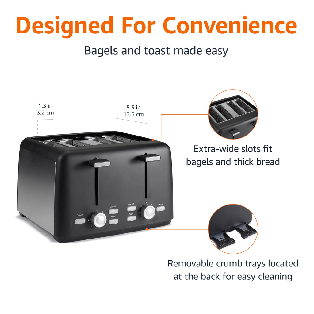 Amazon Basics 2 Slice Toaster, With 6 Browning Settings, Extra Wide Slots For Bagels and Special Breads, Removable Easy-to-Clean Crumb Tray, Cancel/Defrost/Bagel Buttons, 900W, Black & Silver