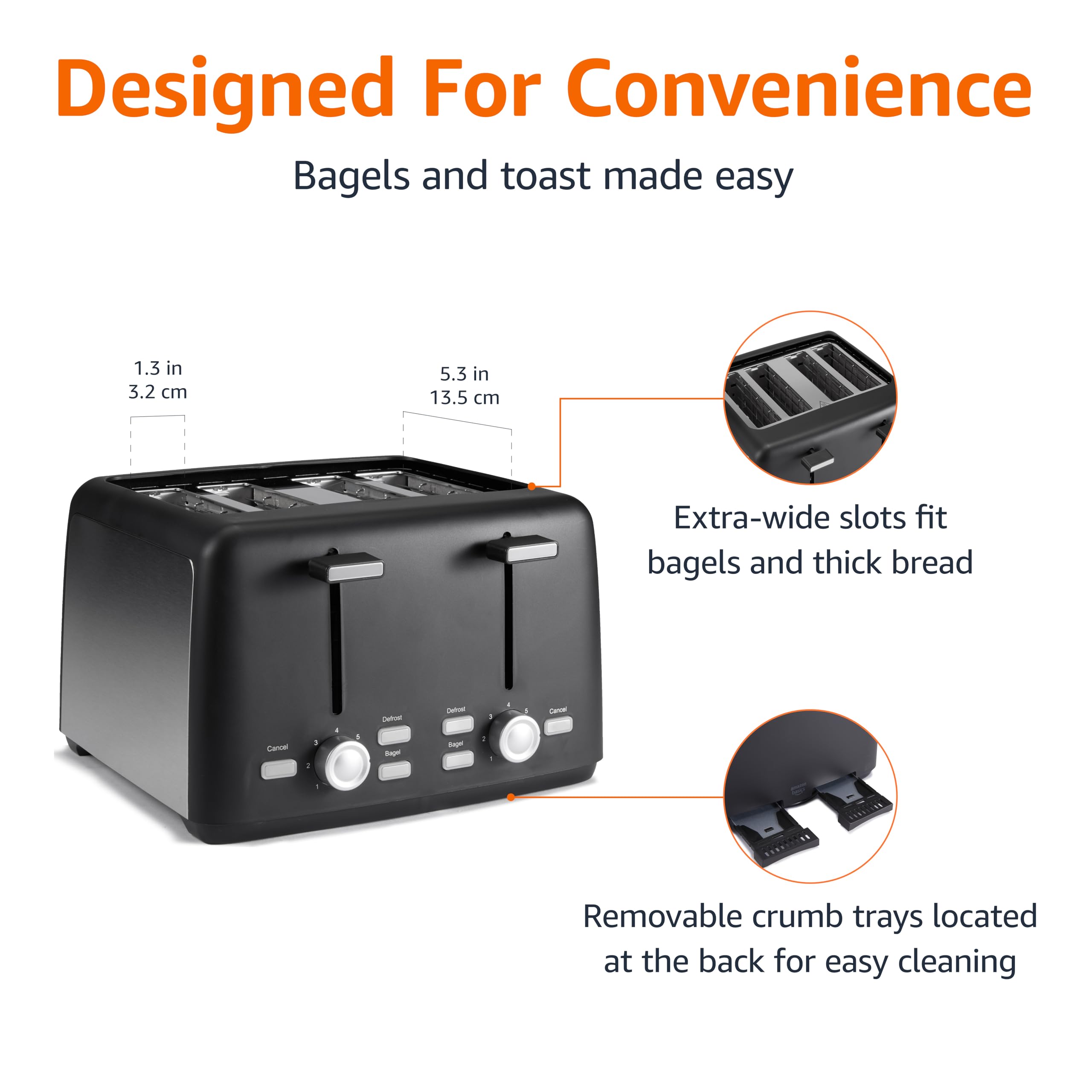 Amazon Basics 2 Slice Toaster, With 6 Browning Settings, Extra Wide Slots For Bagels and Special Breads, Removable Easy-to-Clean Crumb Tray, Cancel/Defrost/Bagel Buttons, 900W, Black & Silver