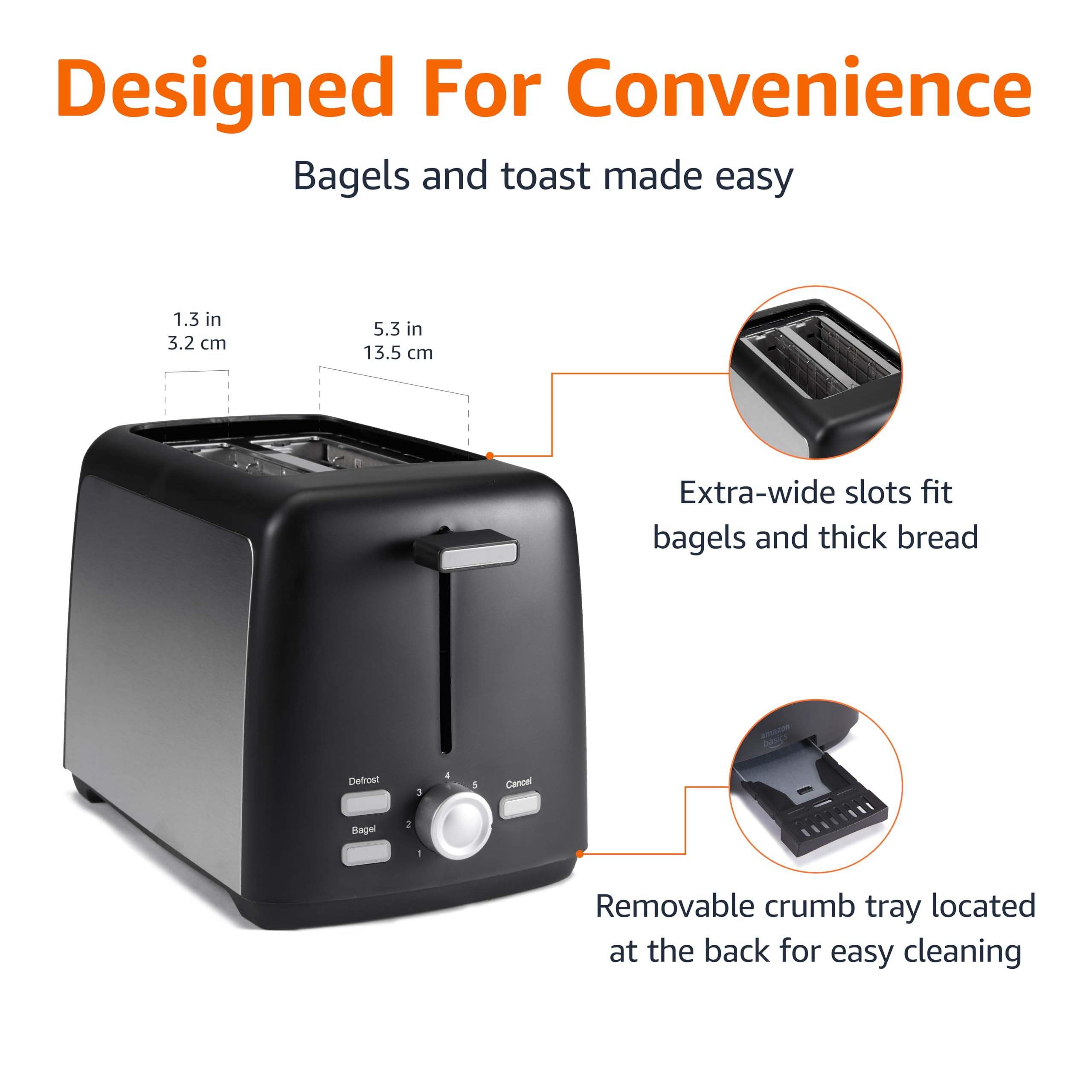 Amazon Basics 2 Slice Toaster, With 6 Browning Settings, Extra Wide Slots For Bagels and Special Breads, Removable Easy-to-Clean Crumb Tray, Cancel/Defrost/Bagel Buttons, 900W, Black & Silver
