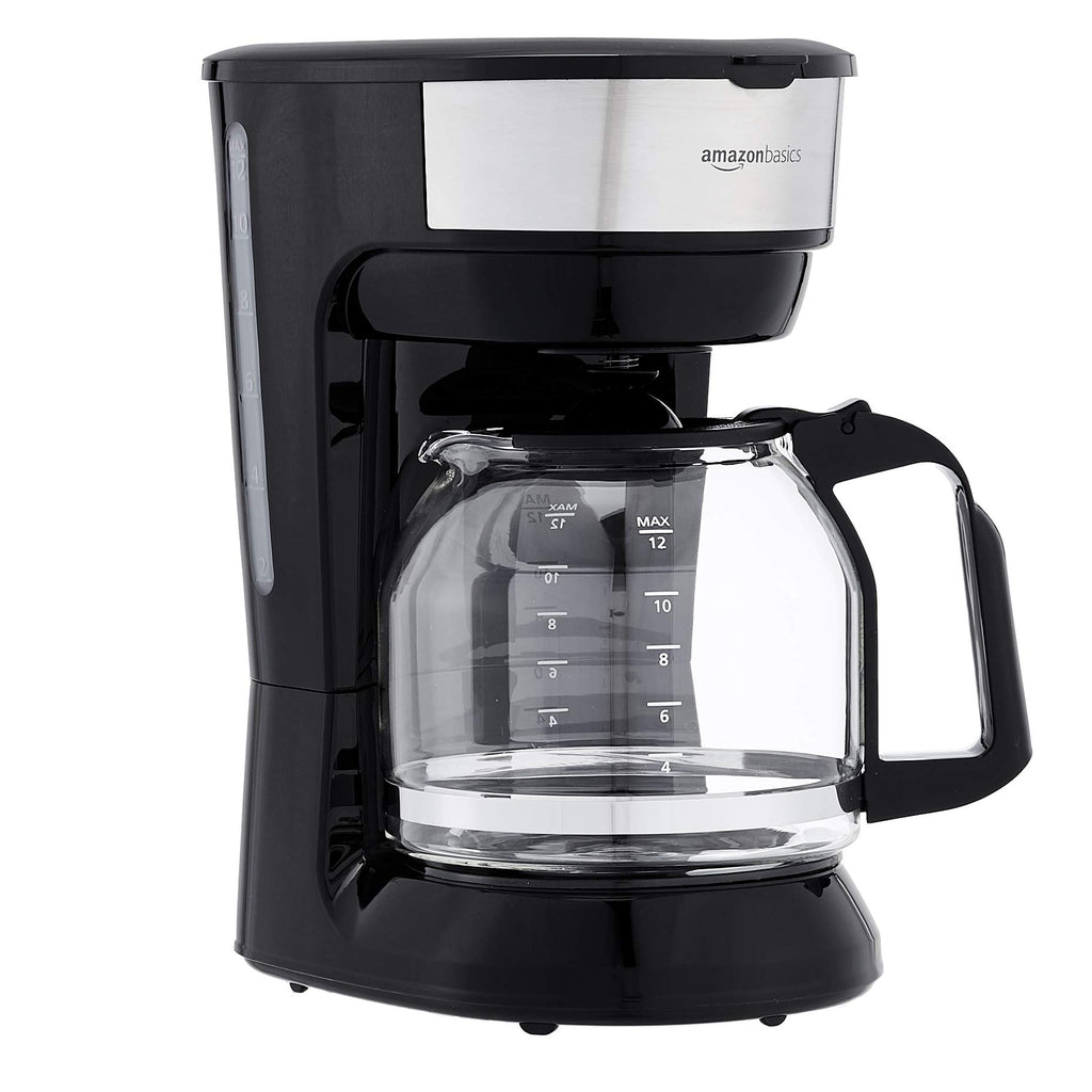 Amazon Basics 12 Cup Drip Coffee Maker, Coffee Machine with Glass Coffee Pot (1.9 Qt), Auto Shut-off, Auto Pause, Removable Filter Basket, Black & Silver