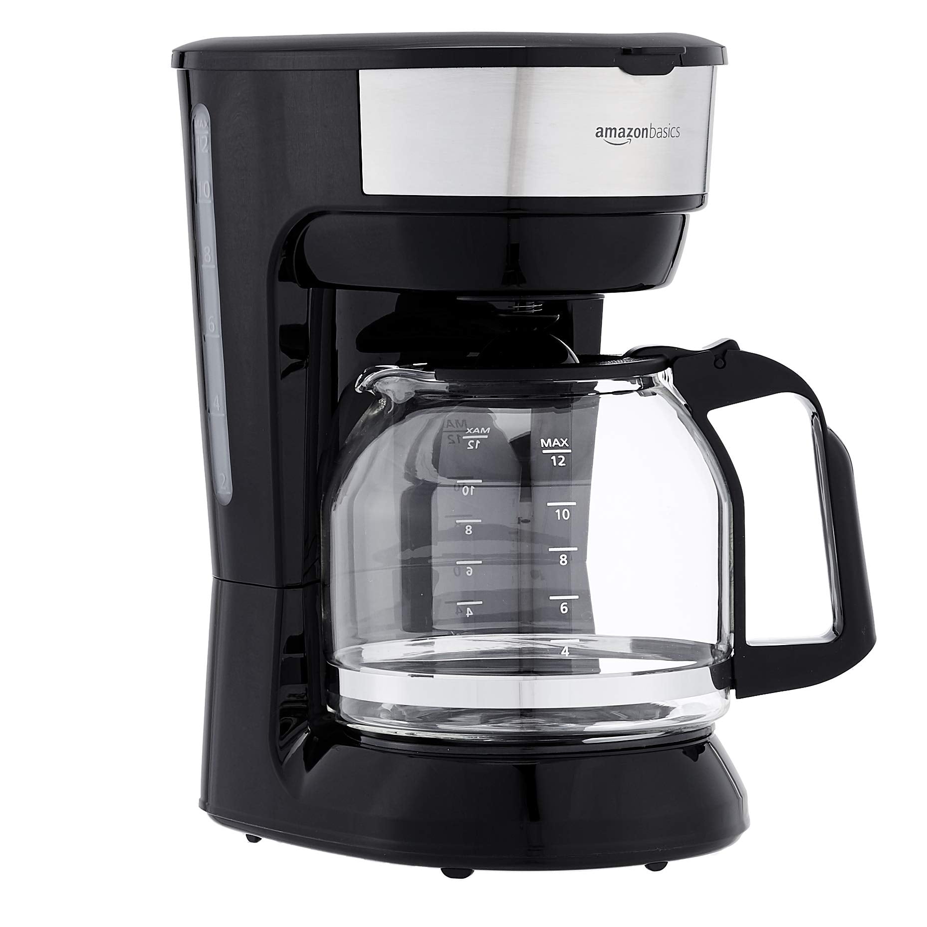 Amazon Basics 12 Cup Drip Coffee Maker, Coffee Machine with Glass Coffee Pot (1.9 Qt), Auto Shut-off, Auto Pause, Removable Filter Basket, Black & Silver