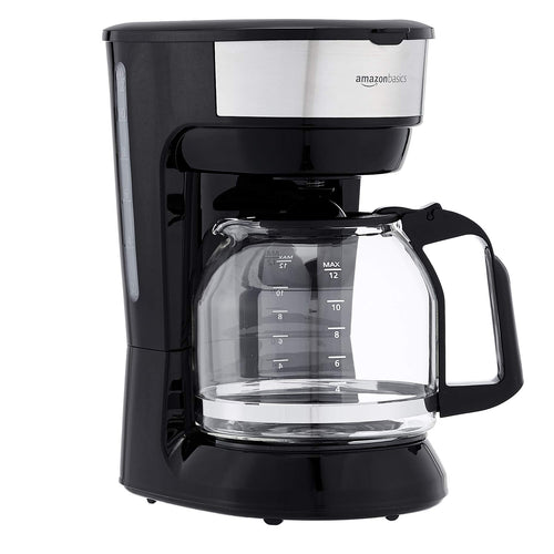 Amazon Basics 12 Cup Drip Coffee Maker, Coffee Machine with Glass Coffee Pot (1.9 Qt), Auto Shut-off, Auto Pause, Removable Filter Basket, Black & Silver