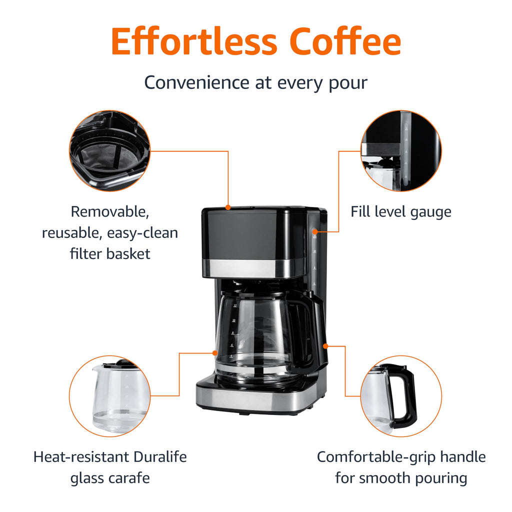 Amazon Basics 12 Cup Drip Coffee Maker, Coffee Machine with Glass Coffee Pot (1.9 Qt), Auto Shut-off, Auto Pause, Removable Filter Basket, Black & Silver
