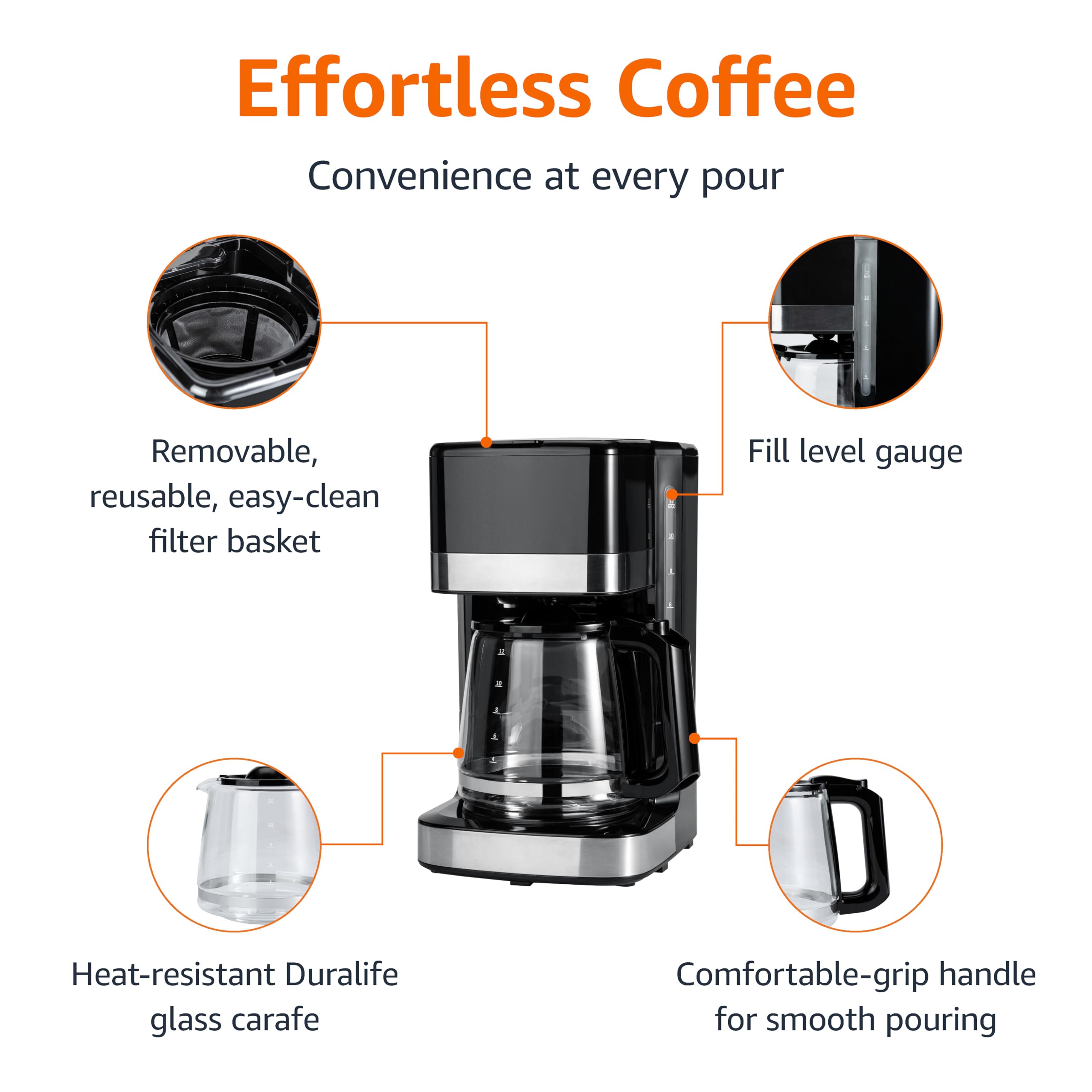 Amazon Basics 12 Cup Drip Coffee Maker, Coffee Machine with Glass Coffee Pot (1.9 Qt), Auto Shut-off, Auto Pause, Removable Filter Basket, Black & Silver