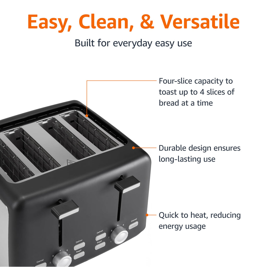 Amazon Basics 2 Slice Toaster, With 6 Browning Settings, Extra Wide Slots For Bagels and Special Breads, Removable Easy-to-Clean Crumb Tray, Cancel/Defrost/Bagel Buttons, 900W, Black & Silver