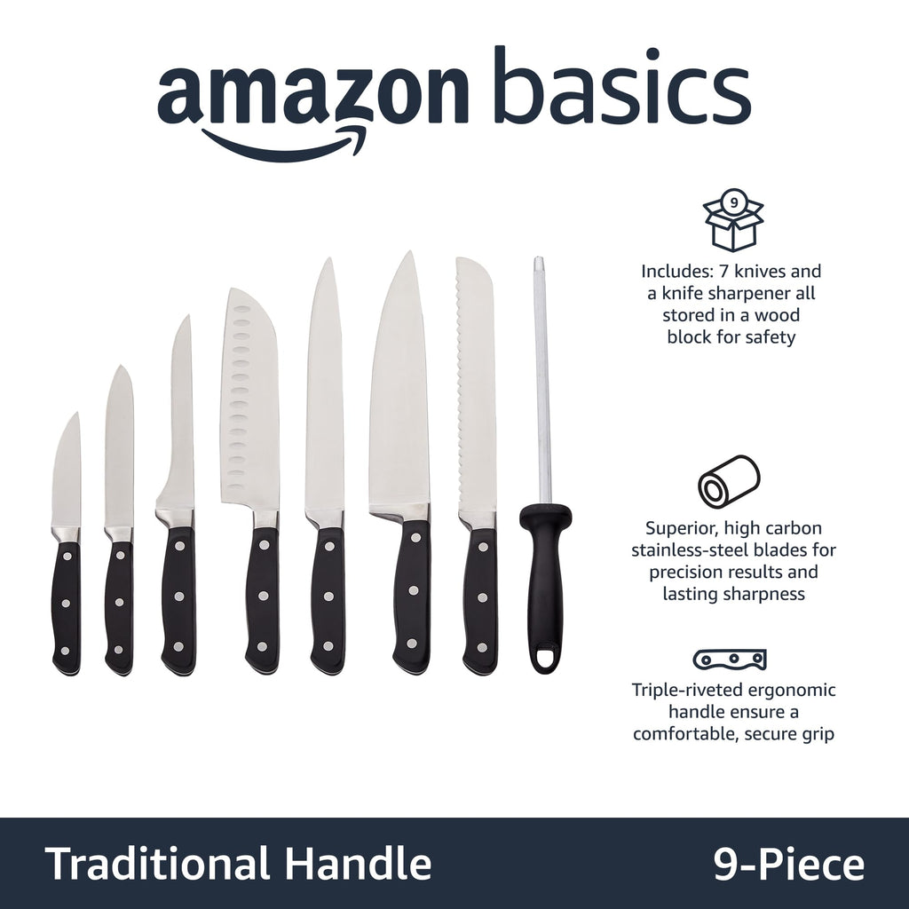 Amazon Basics 9 Pieces Premium High-Carbon Stainless-Steel Blades with Pine Wood Knife Block Set, Kitchen, Black