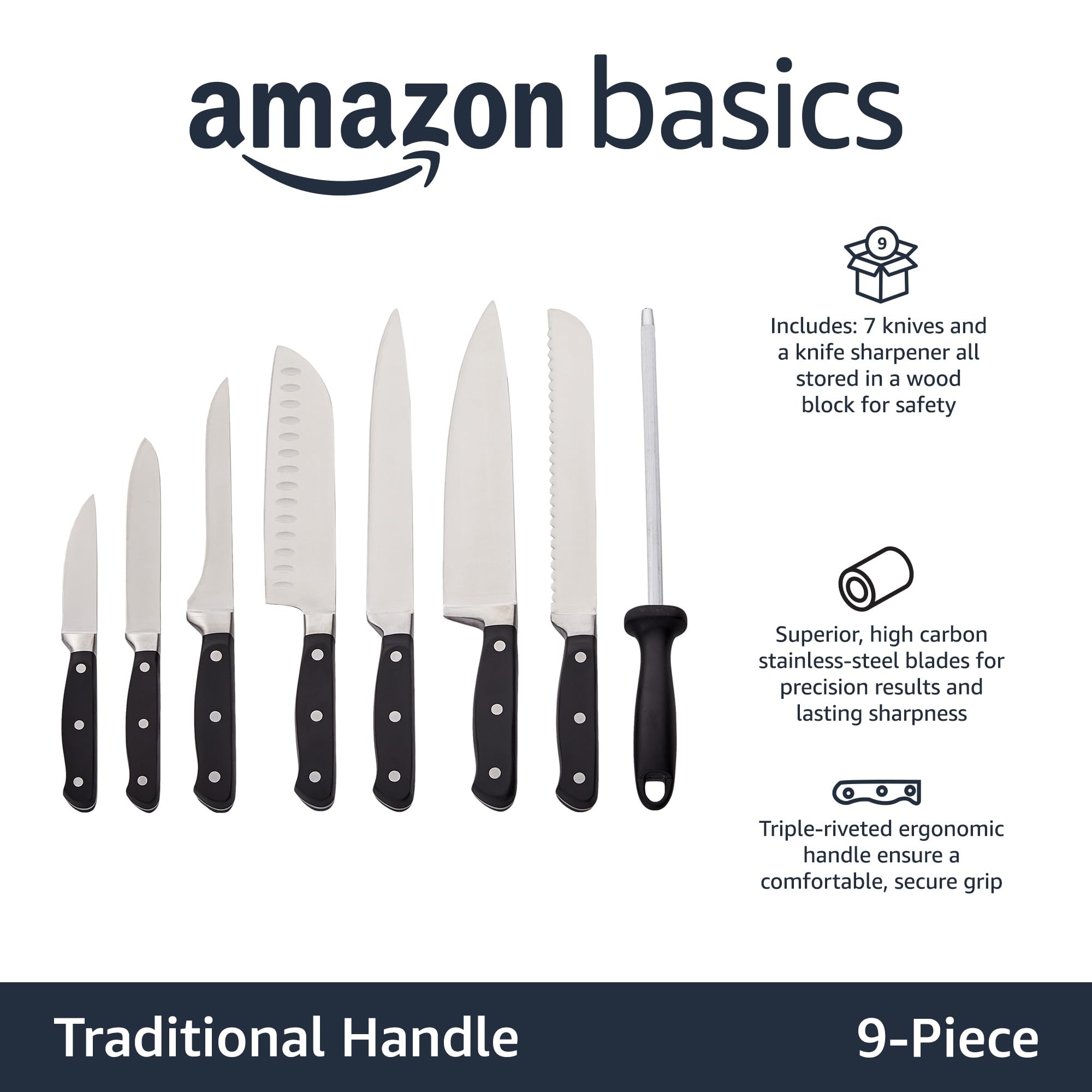Amazon Basics 9 Pieces Premium High-Carbon Stainless-Steel Blades with Pine Wood Knife Block Set, Kitchen, Black