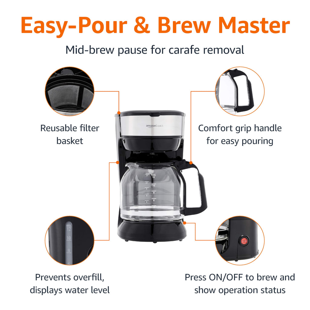 Amazon Basics 12 Cup Drip Coffee Maker, Coffee Machine with Glass Coffee Pot (1.9 Qt), Auto Shut-off, Auto Pause, Removable Filter Basket, Black & Silver