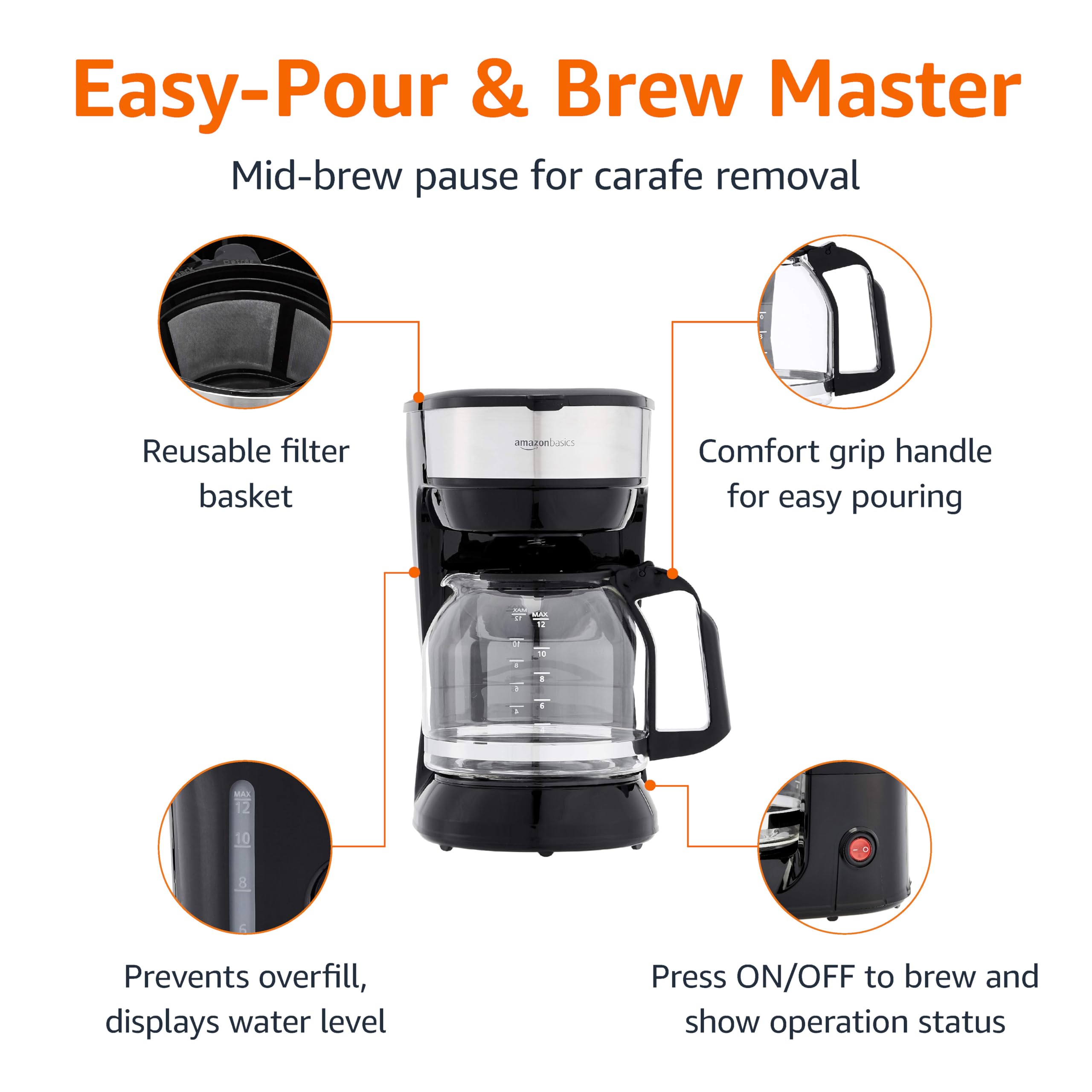 Amazon Basics 12 Cup Drip Coffee Maker, Coffee Machine with Glass Coffee Pot (1.9 Qt), Auto Shut-off, Auto Pause, Removable Filter Basket, Black & Silver