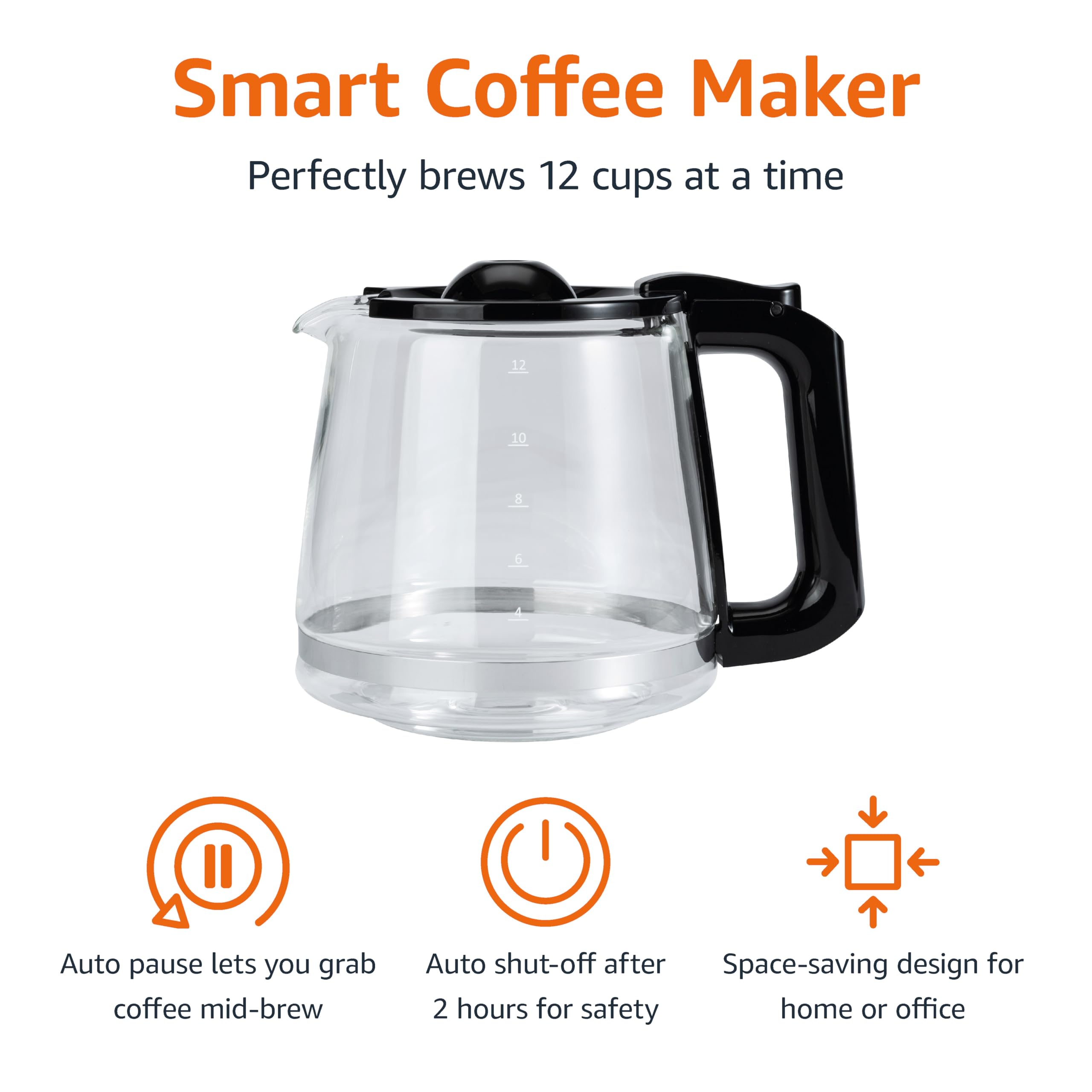 Amazon Basics 12 Cup Drip Coffee Maker, Coffee Machine with Glass Coffee Pot (1.9 Qt), Auto Shut-off, Auto Pause, Removable Filter Basket, Black & Silver