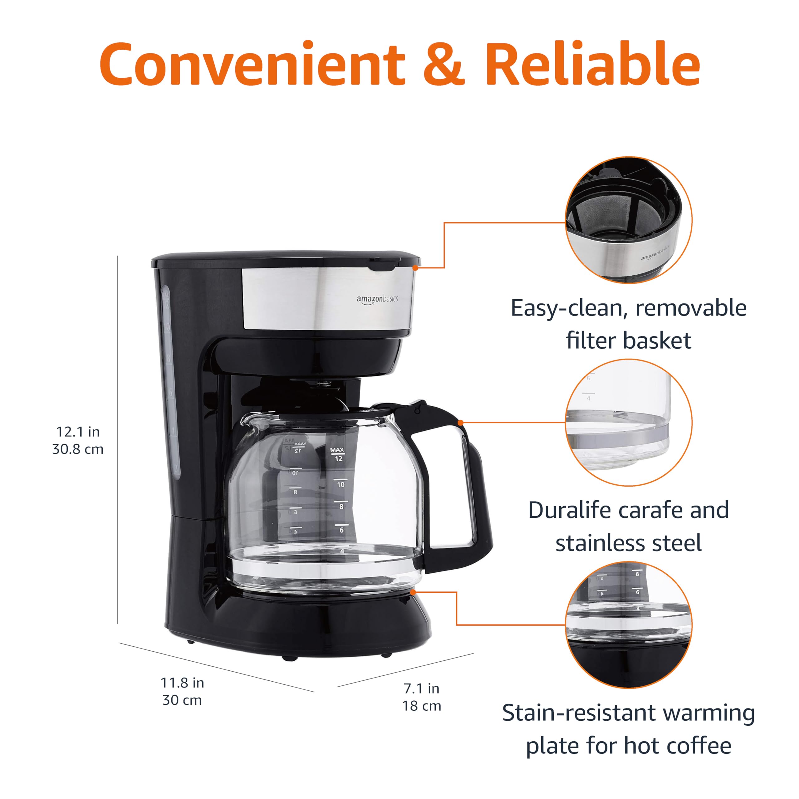 Amazon Basics 12 Cup Drip Coffee Maker, Coffee Machine with Glass Coffee Pot (1.9 Qt), Auto Shut-off, Auto Pause, Removable Filter Basket, Black & Silver