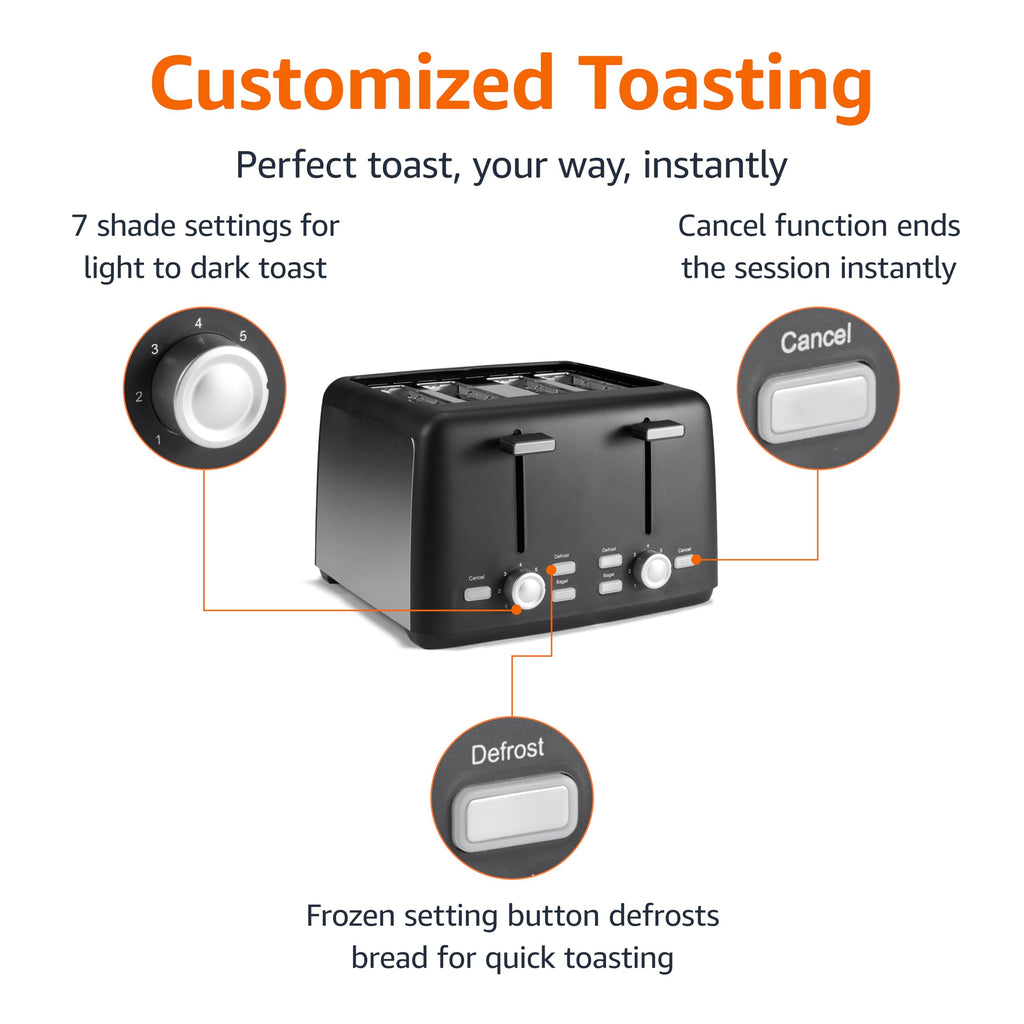Amazon Basics 2 Slice Toaster, With 6 Browning Settings, Extra Wide Slots For Bagels and Special Breads, Removable Easy-to-Clean Crumb Tray, Cancel/Defrost/Bagel Buttons, 900W, Black & Silver