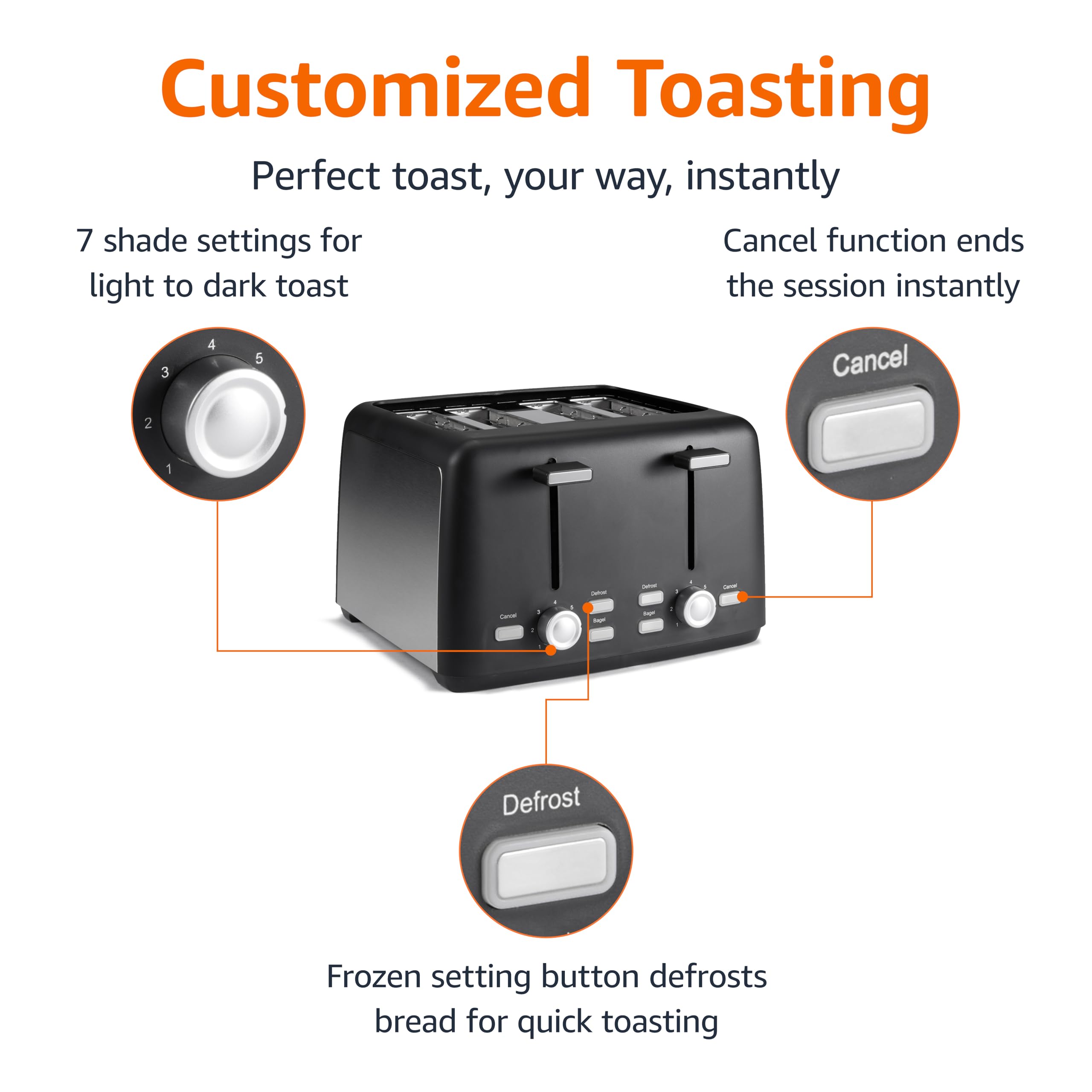 Amazon Basics 2 Slice Toaster, With 6 Browning Settings, Extra Wide Slots For Bagels and Special Breads, Removable Easy-to-Clean Crumb Tray, Cancel/Defrost/Bagel Buttons, 900W, Black & Silver