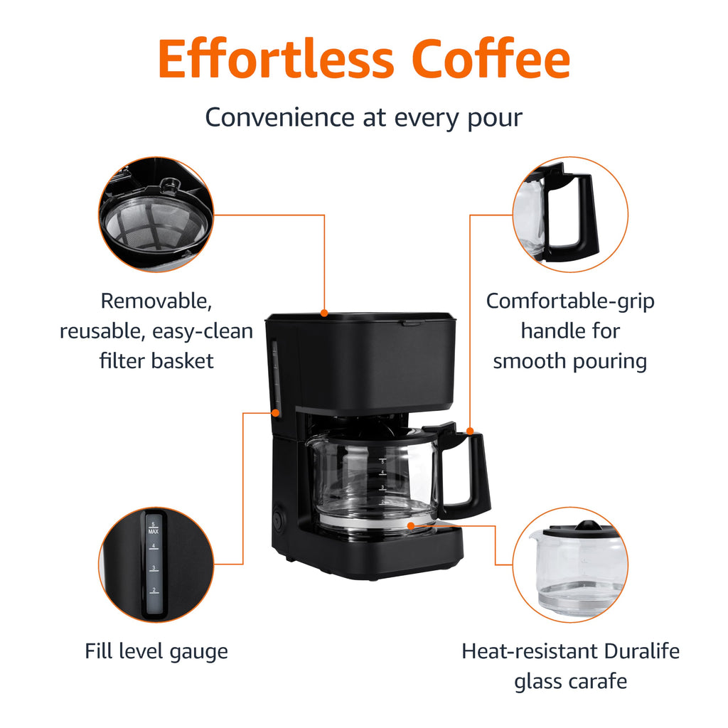 Amazon Basics 12 Cup Drip Coffee Maker, Coffee Machine with Glass Coffee Pot (1.9 Qt), Auto Shut-off, Auto Pause, Removable Filter Basket, Black & Silver