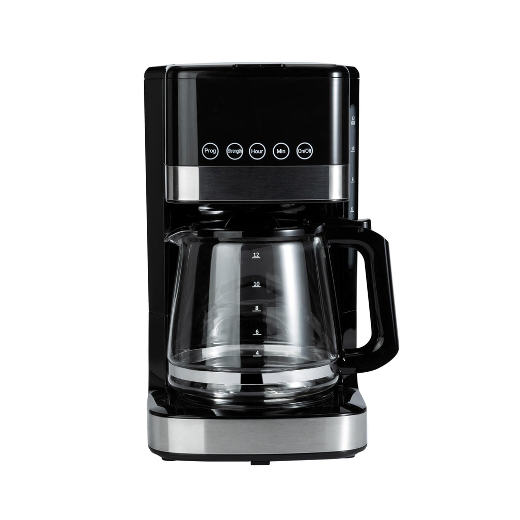Amazon Basics 12 Cup Drip Coffee Maker, Coffee Machine with Glass Coffee Pot (1.9 Qt), Auto Shut-off, Auto Pause, Removable Filter Basket, Black & Silver