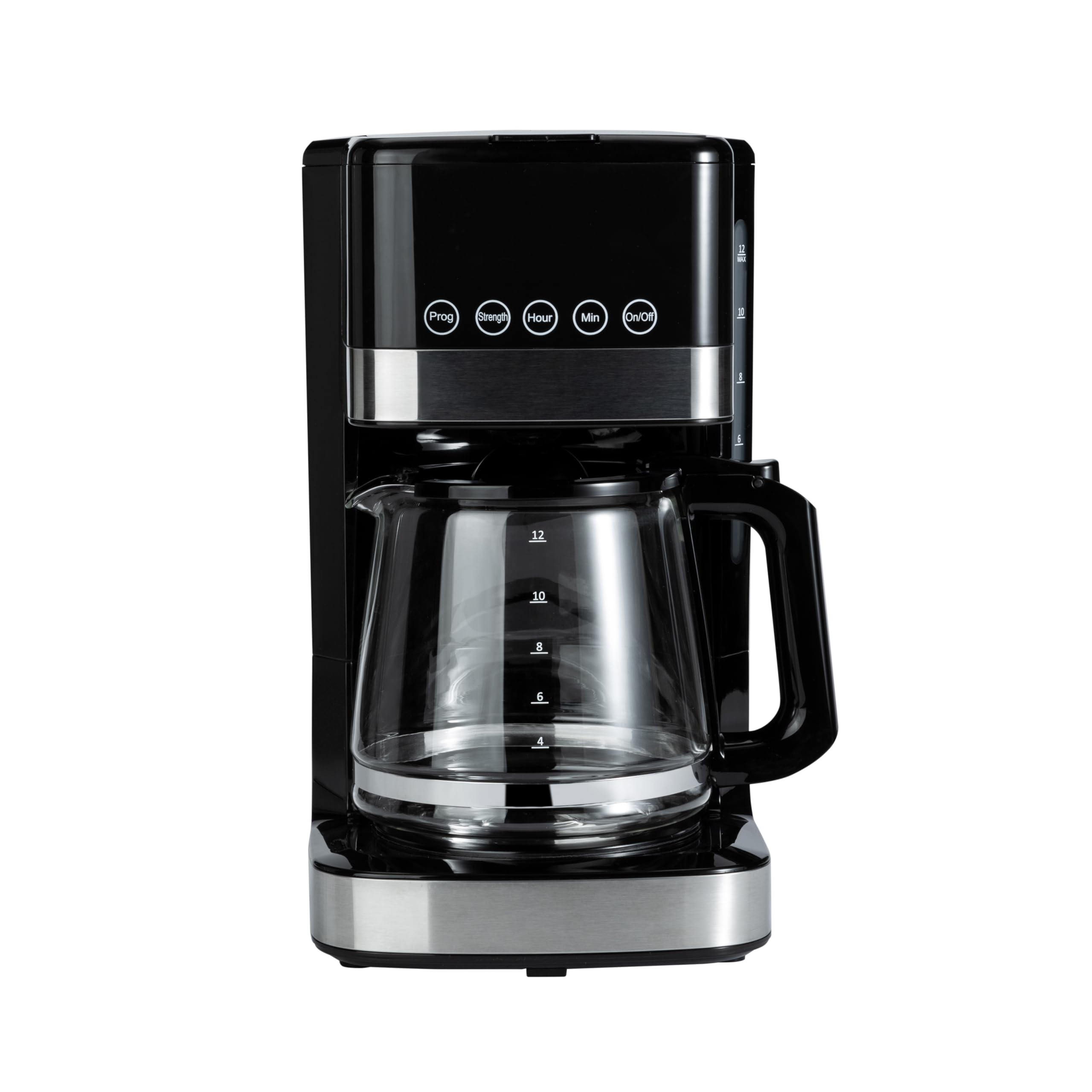 Amazon Basics 12 Cup Drip Coffee Maker, Coffee Machine with Glass Coffee Pot (1.9 Qt), Auto Shut-off, Auto Pause, Removable Filter Basket, Black & Silver