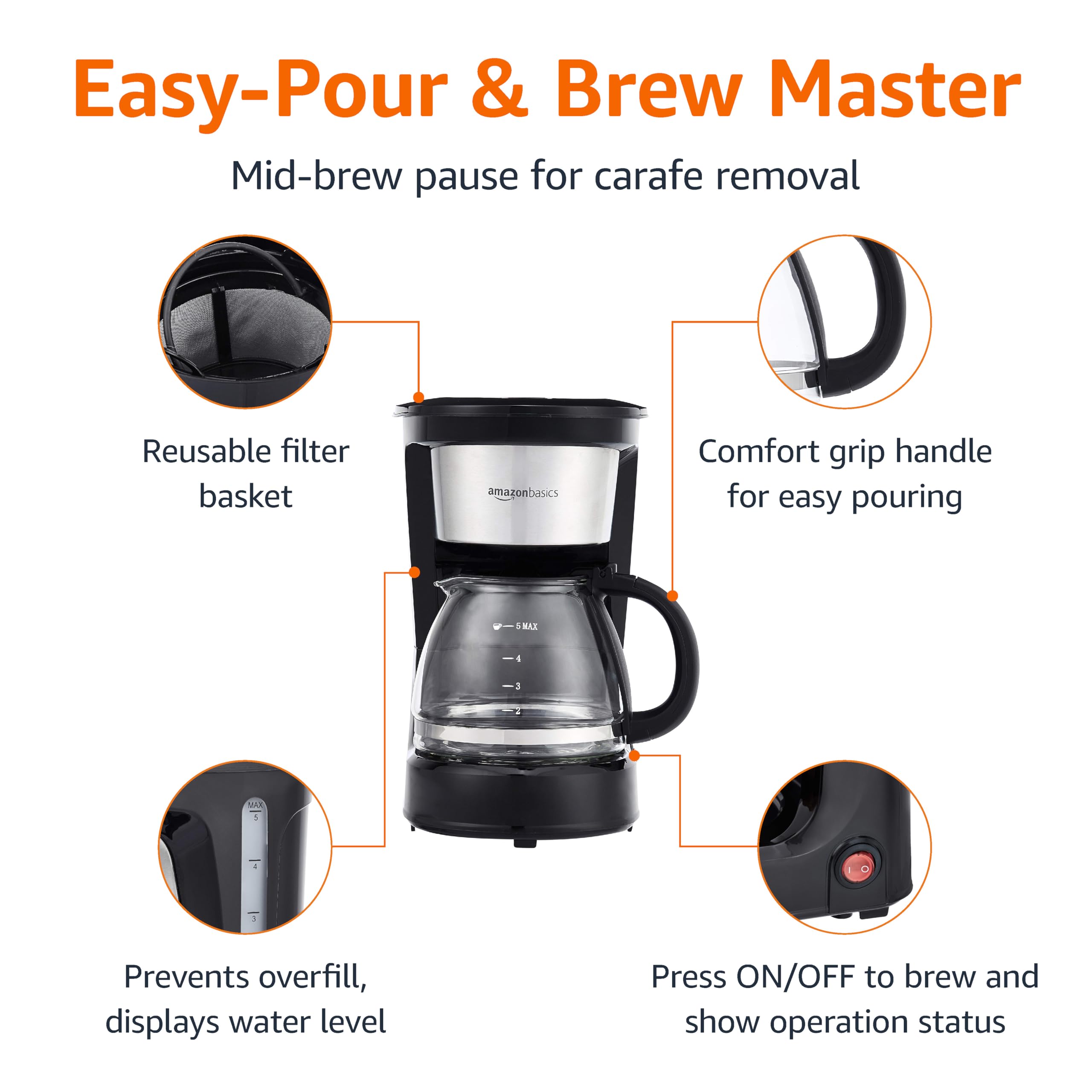 Amazon Basics 12 Cup Drip Coffee Maker, Coffee Machine with Glass Coffee Pot (1.9 Qt), Auto Shut-off, Auto Pause, Removable Filter Basket, Black & Silver