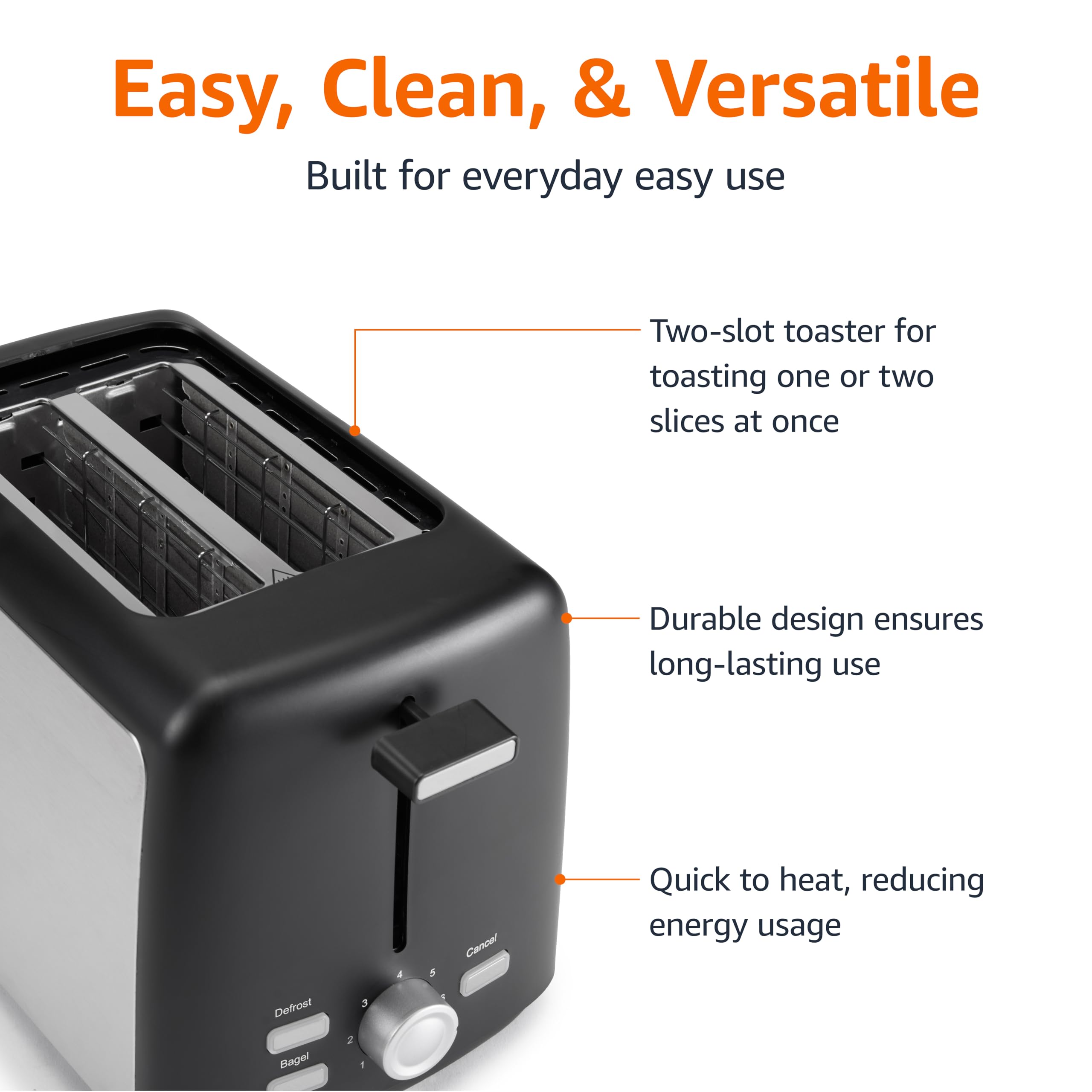 Amazon Basics 2 Slice Toaster, With 6 Browning Settings, Extra Wide Slots For Bagels and Special Breads, Removable Easy-to-Clean Crumb Tray, Cancel/Defrost/Bagel Buttons, 900W, Black & Silver