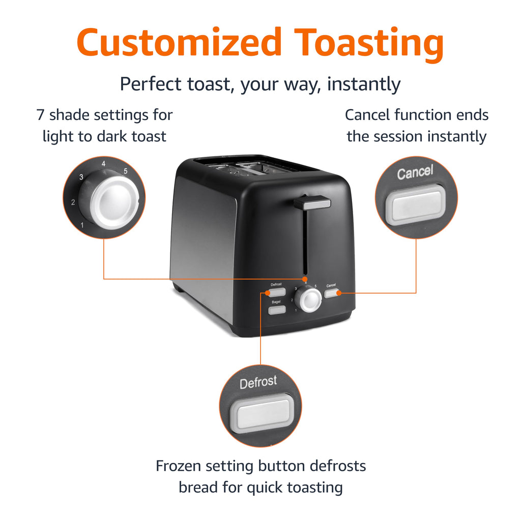 Amazon Basics 2 Slice Toaster, With 6 Browning Settings, Extra Wide Slots For Bagels and Special Breads, Removable Easy-to-Clean Crumb Tray, Cancel/Defrost/Bagel Buttons, 900W, Black & Silver