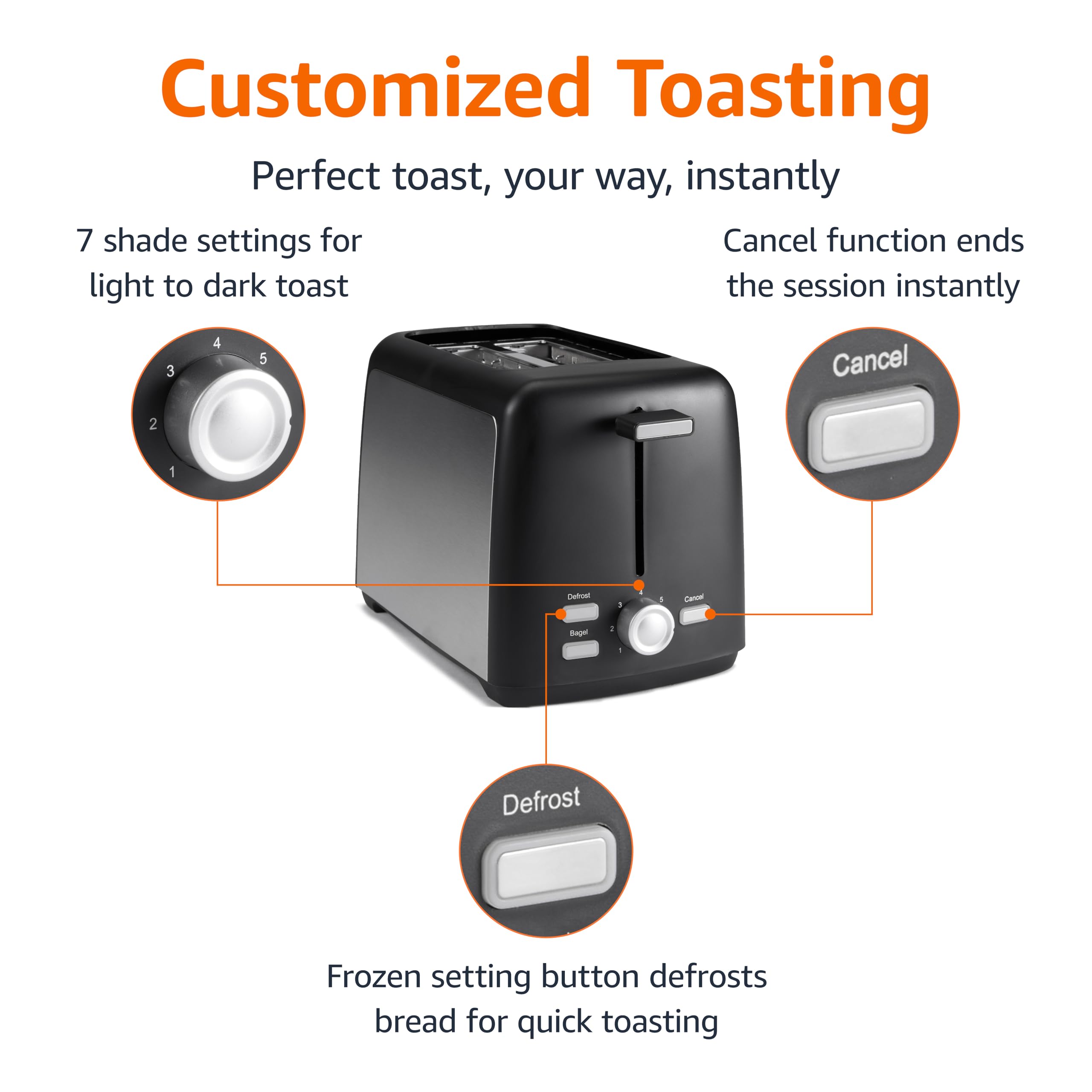 Amazon Basics 2 Slice Toaster, With 6 Browning Settings, Extra Wide Slots For Bagels and Special Breads, Removable Easy-to-Clean Crumb Tray, Cancel/Defrost/Bagel Buttons, 900W, Black & Silver