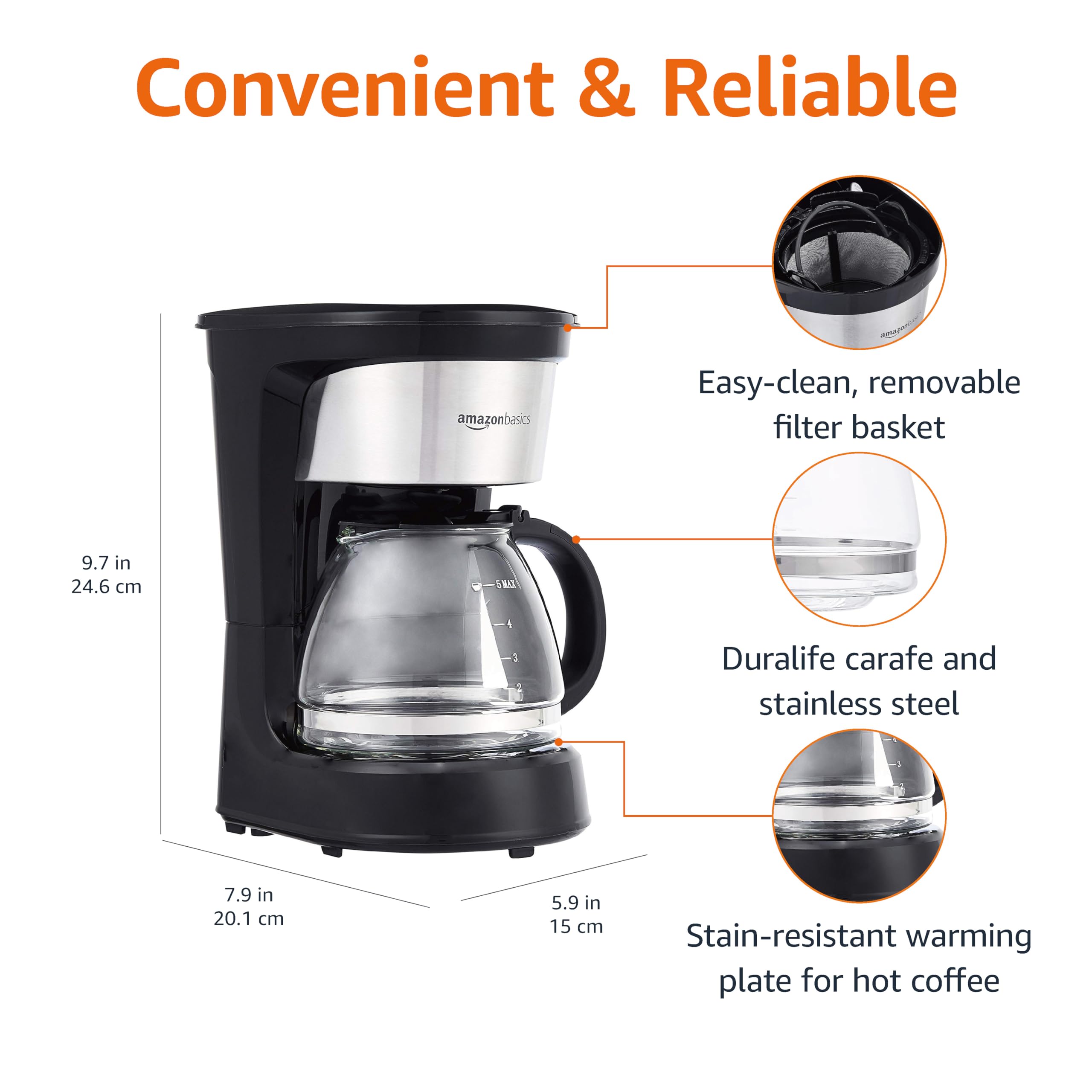 Amazon Basics 12 Cup Drip Coffee Maker, Coffee Machine with Glass Coffee Pot (1.9 Qt), Auto Shut-off, Auto Pause, Removable Filter Basket, Black & Silver