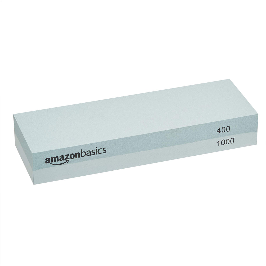Amazon Basics Whetstone Knife Sharpening Wet Stone Dual Sided 400/1000 Grit with Non-Slip 1 Pc, Bamboo Base, Black & Grey