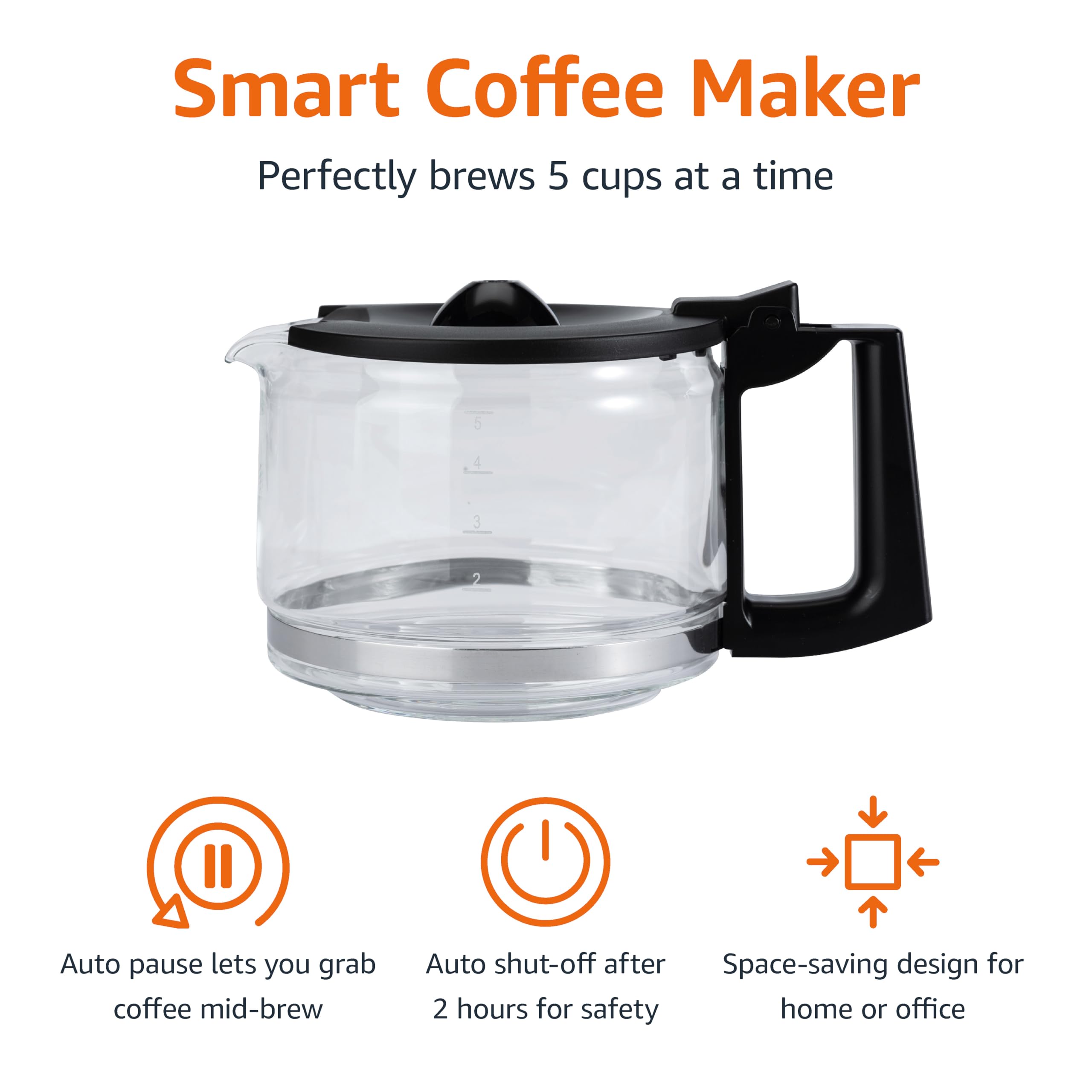 Amazon Basics 12 Cup Drip Coffee Maker, Coffee Machine with Glass Coffee Pot (1.9 Qt), Auto Shut-off, Auto Pause, Removable Filter Basket, Black & Silver