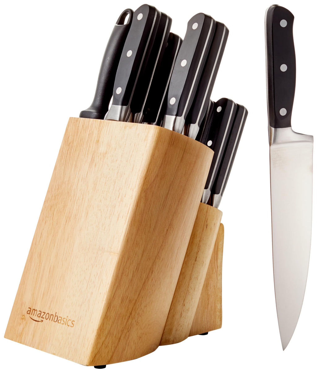 Amazon Basics 9 Pieces Premium High-Carbon Stainless-Steel Blades with Pine Wood Knife Block Set, Kitchen, Black