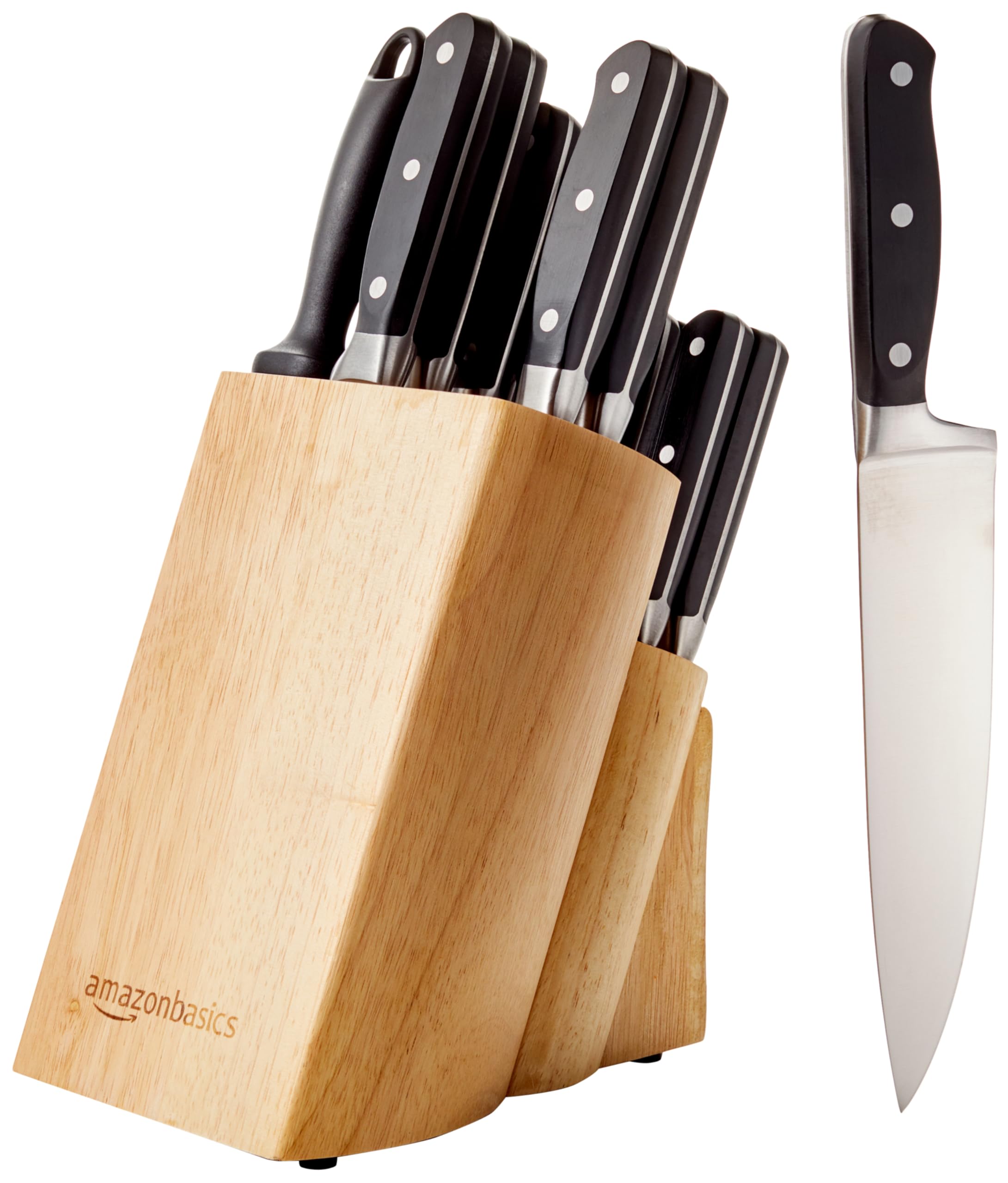 Amazon Basics 9 Pieces Premium High-Carbon Stainless-Steel Blades with Pine Wood Knife Block Set, Kitchen, Black