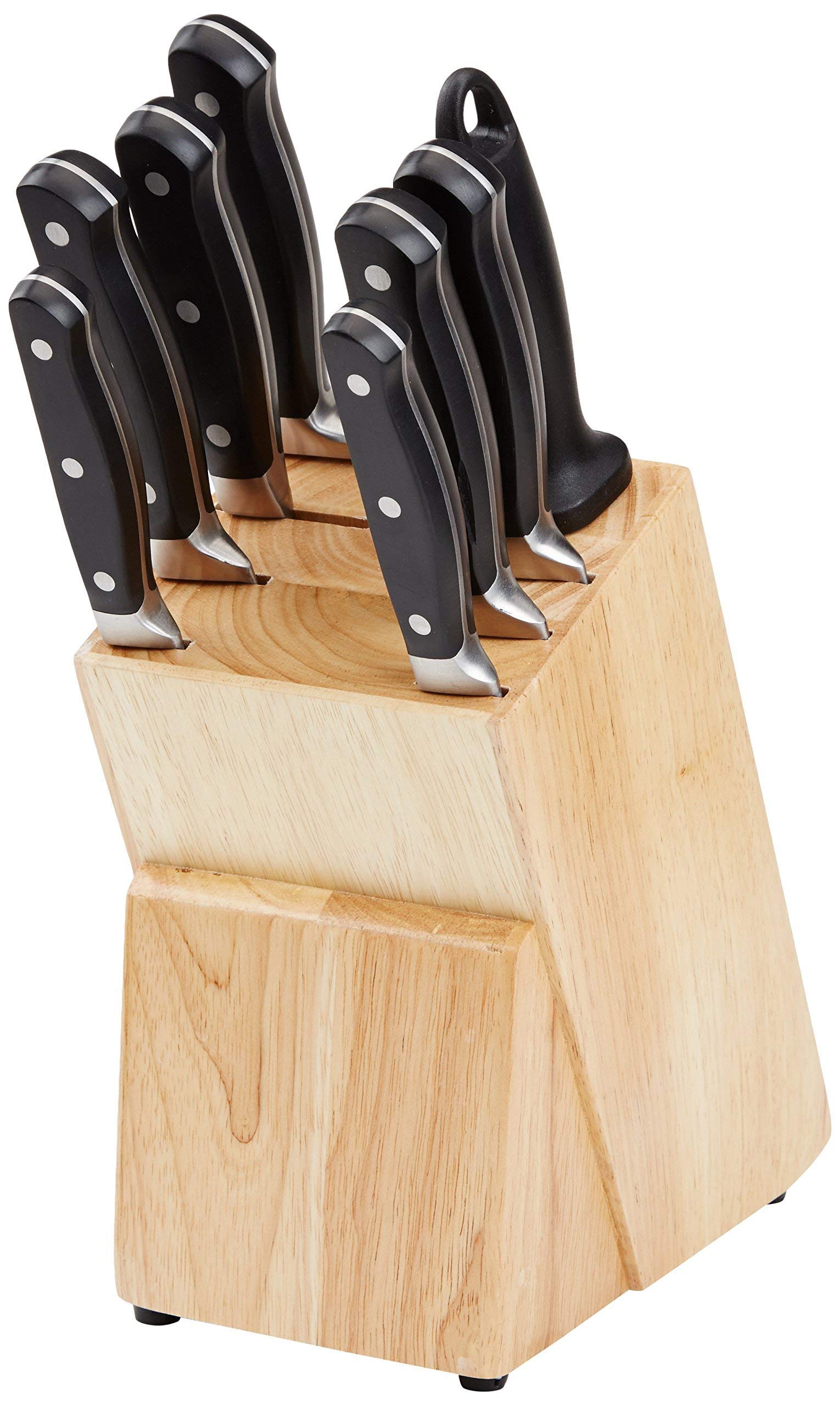 Amazon Basics 9 Pieces Premium High-Carbon Stainless-Steel Blades with Pine Wood Knife Block Set, Kitchen, Black