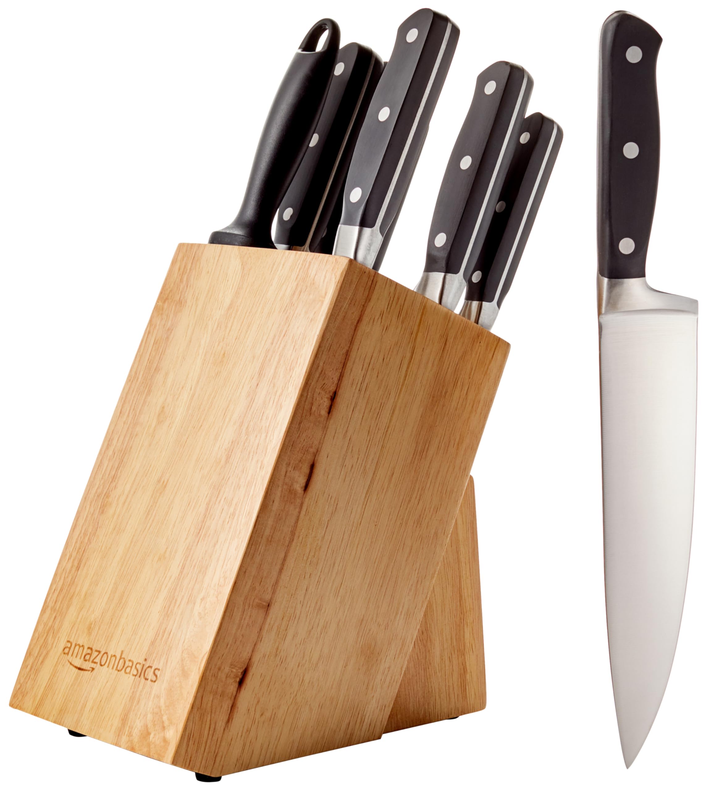 Amazon Basics 9 Pieces Premium High-Carbon Stainless-Steel Blades with Pine Wood Knife Block Set, Kitchen, Black