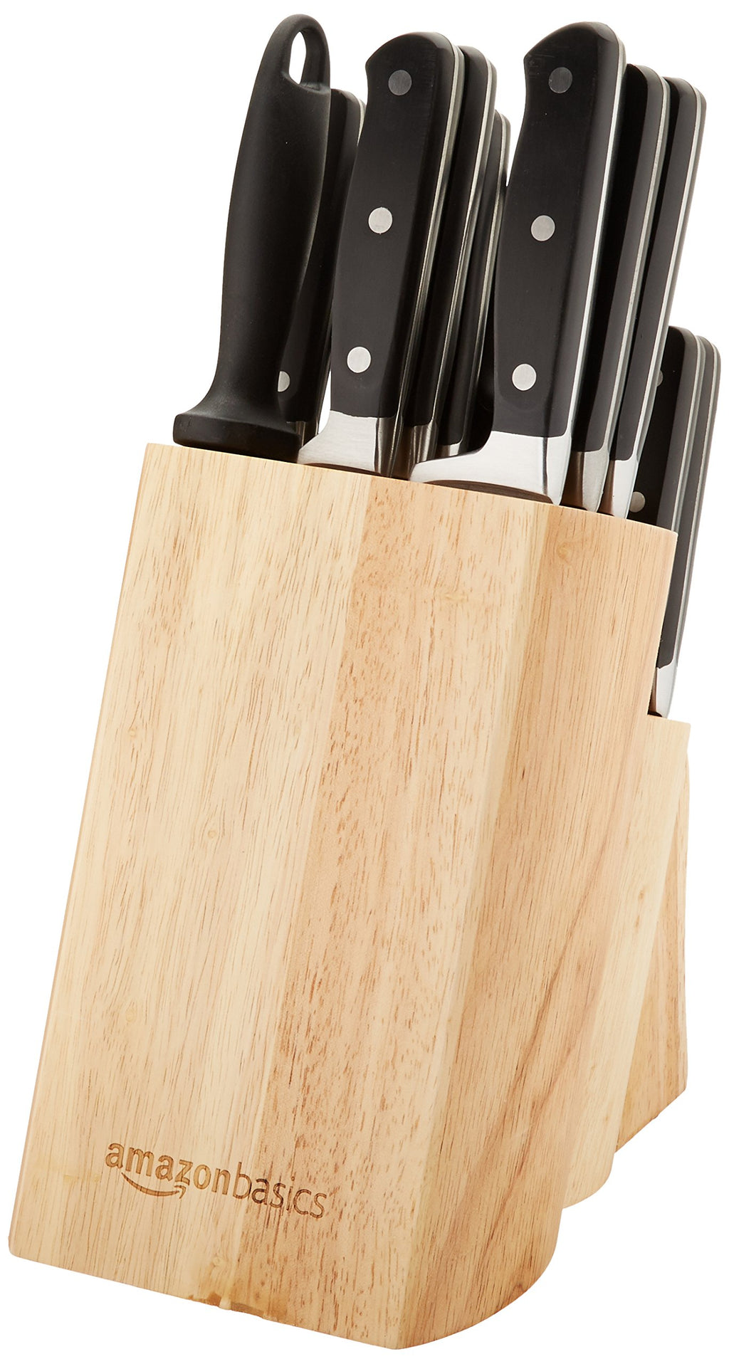 Amazon Basics 9 Pieces Premium High-Carbon Stainless-Steel Blades with Pine Wood Knife Block Set, Kitchen, Black