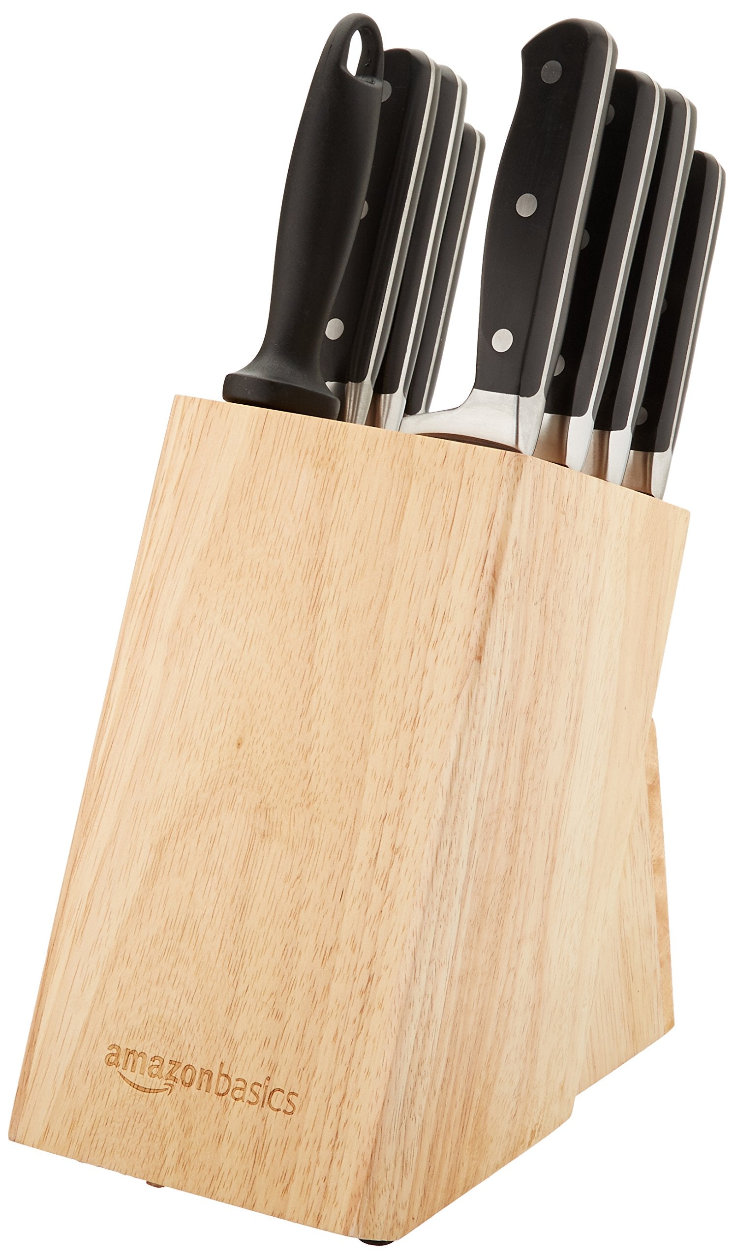 Amazon Basics 9 Pieces Premium High-Carbon Stainless-Steel Blades with Pine Wood Knife Block Set, Kitchen, Black