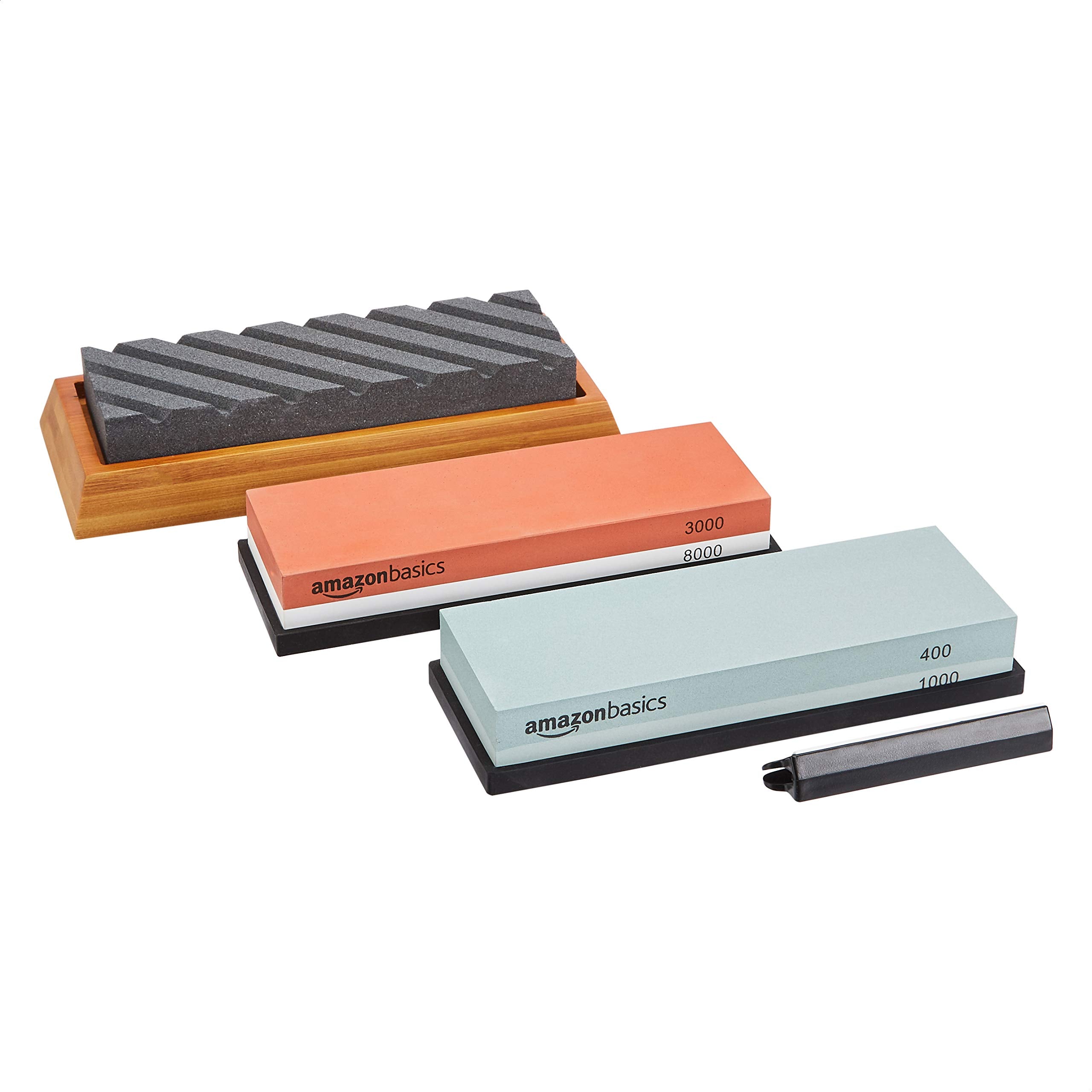 Amazon Basics Whetstone Knife Sharpening Wet Stone Dual Sided 400/1000 Grit with Non-Slip 1 Pc, Bamboo Base, Black & Grey