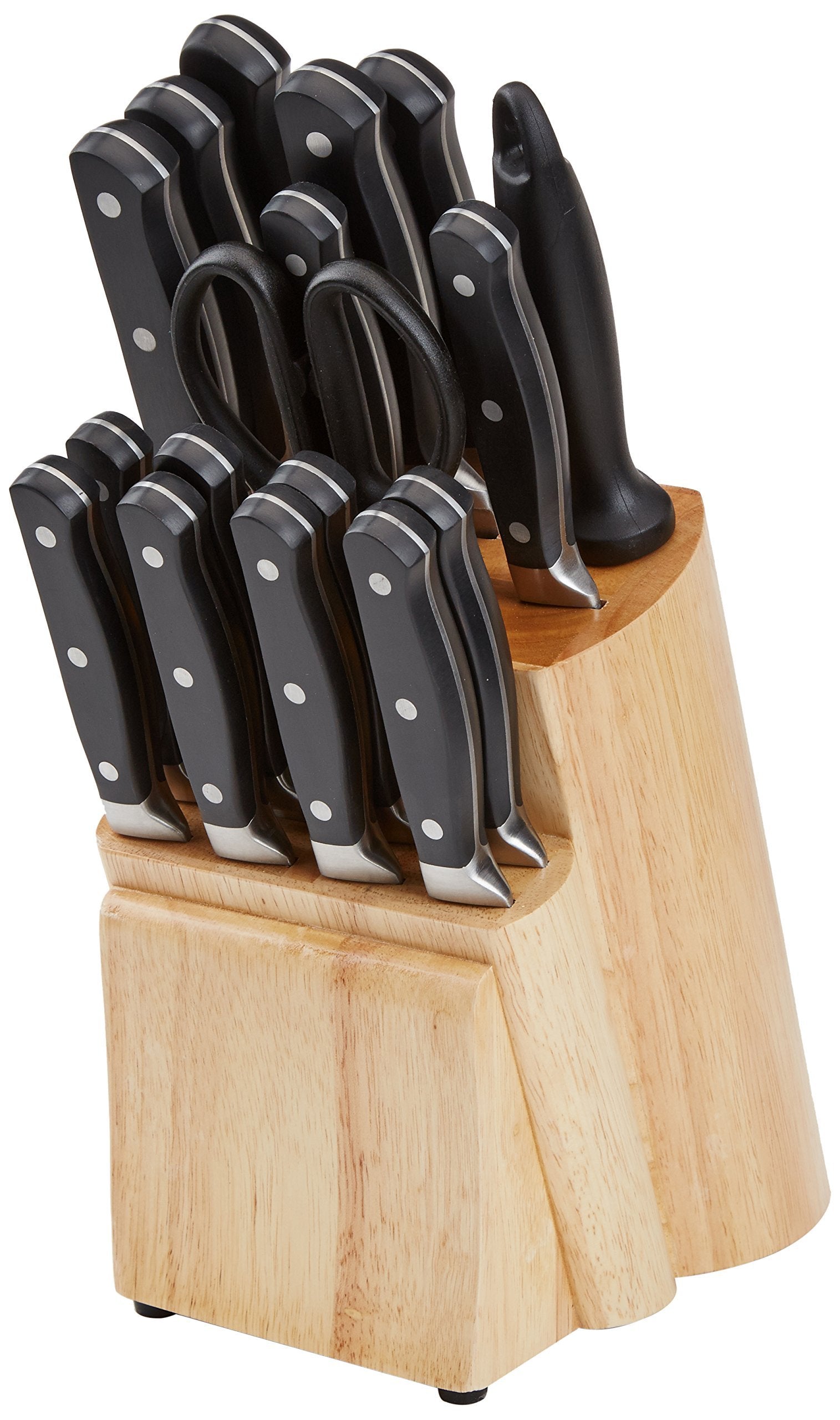 Amazon Basics 9 Pieces Premium High-Carbon Stainless-Steel Blades with Pine Wood Knife Block Set, Kitchen, Black